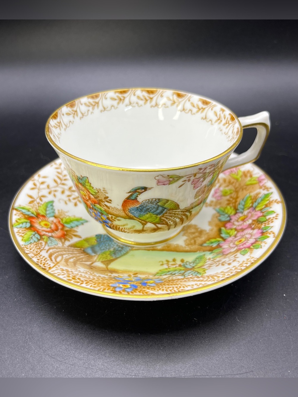 Vintage Sutherland Bone China Teacup Saucer Set Exotic Bird Pheasant England